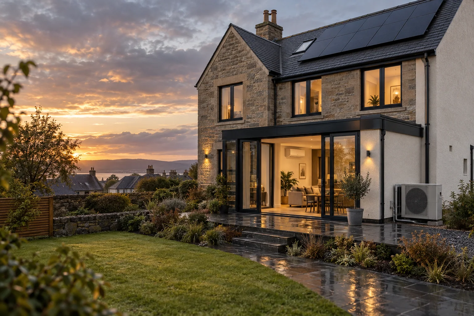 Scottish home with a discreet indoor air-conditioning unit and outdoor renewable equipment