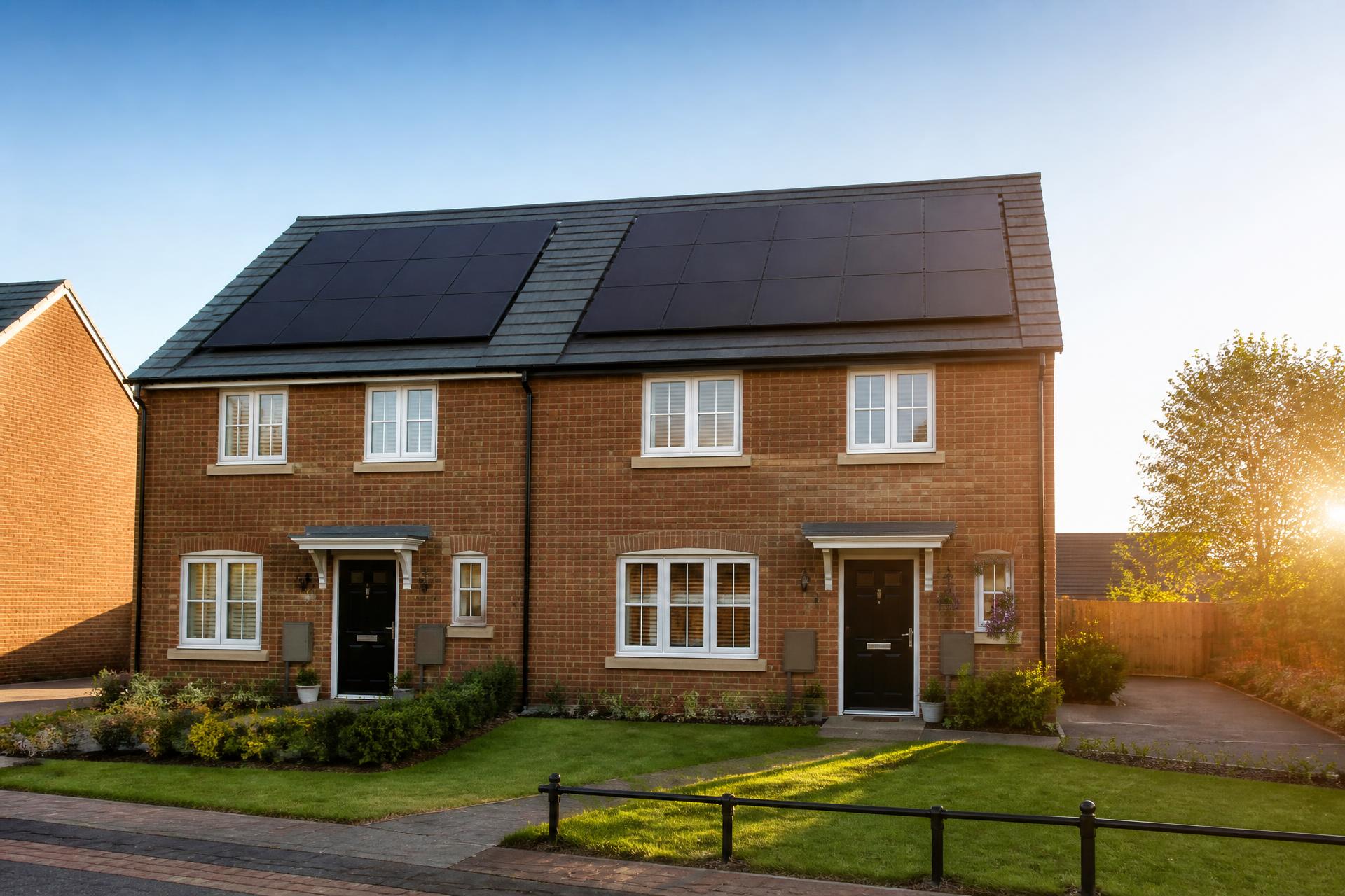 Modern homes with large solar-panel arrays installed across their roofs